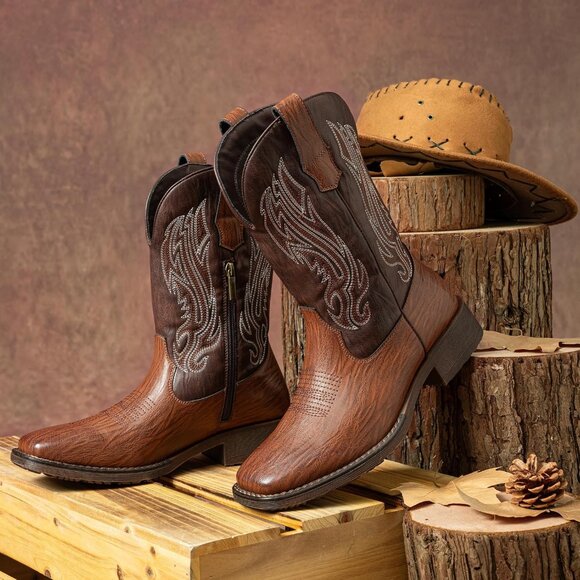 🆕Jousen Mens Amy8420-brown Embroidery Retro Square Toe Chunky Heeled Boots - Picture 12 of 12